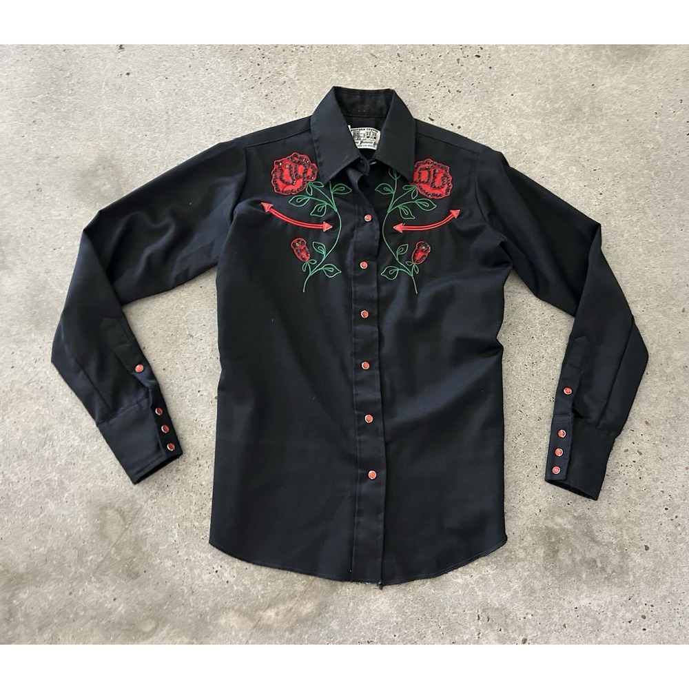 Panhandle Slim Vintage‎ Western Trends Black Rose Rockabilly Sequin Shirt Sz 10